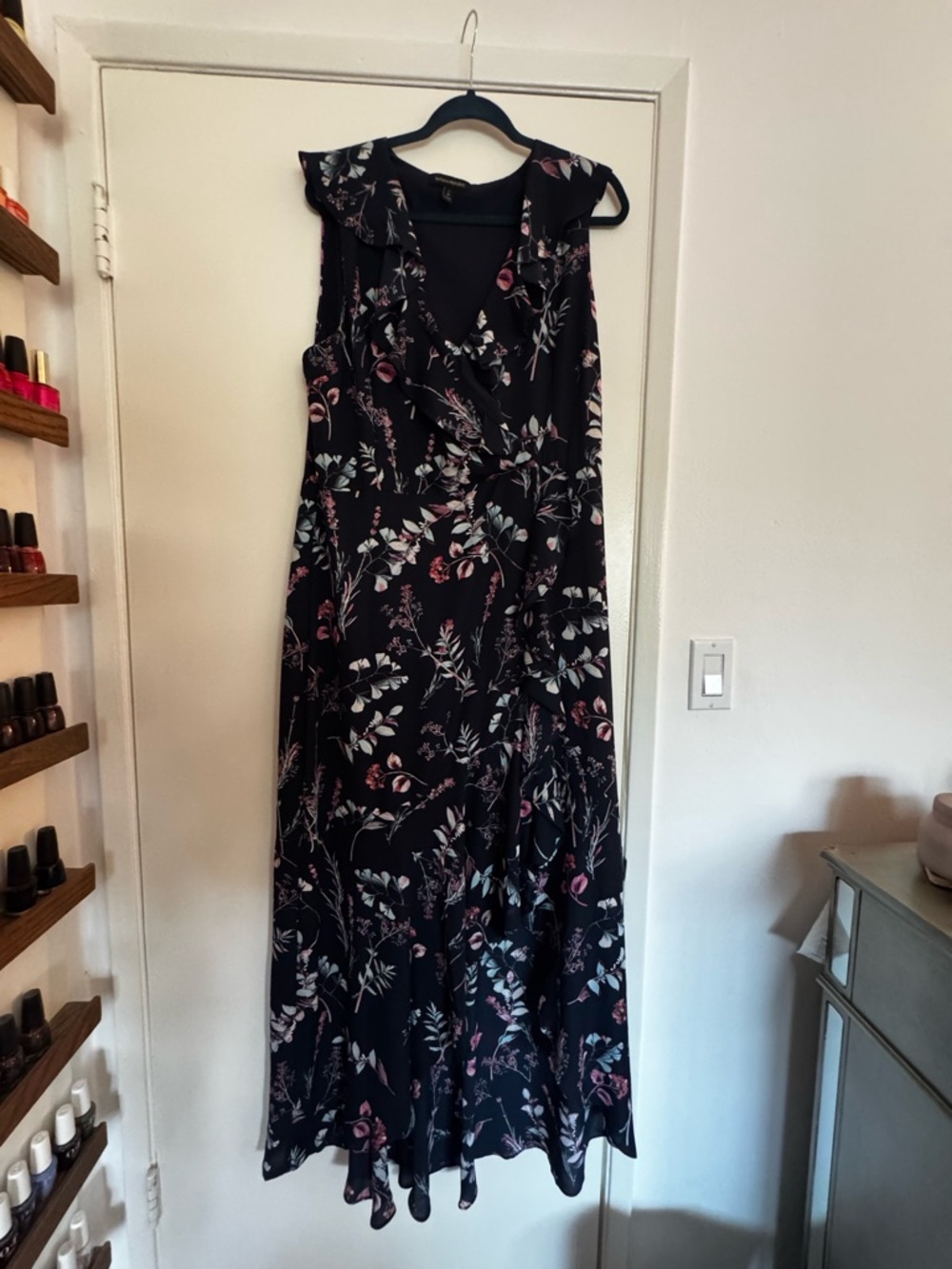 Sleeveless Navy Floral Maxi Dress LX Tall with Ruffle V-Neck